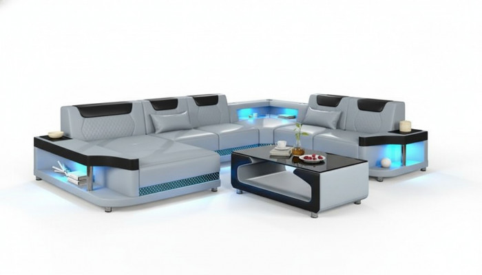 Ecksofa U-Form + Couchtisch Modern Polstersofa Wunnzëmmer Miwwelen Ecksofa Design Canapé.