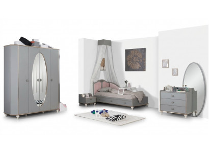Jugendzimmer Set Bett Kleiderschrank Nachttisch Kommode mit Spiegel Möbel 4tlg