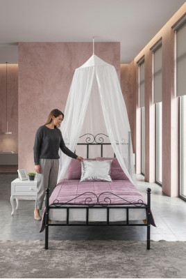Himmelbett Metall Bett Schlofkummer Set Noläich Dësch Wäiss Miwwelen Schlofkummer 2-Deeler