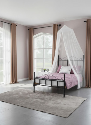Himmelbett Metall Bett Schlofkummer Set Noläich Dësch Wäiss Miwwelen Schlofkummer 2-Deeler
