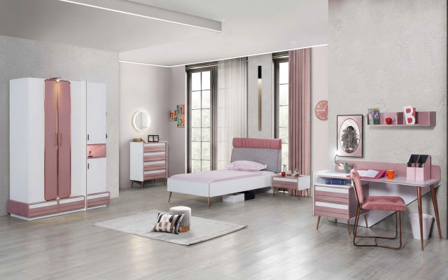 Komplett Jugendzëmmer Kannerzëmmer Set Dësch Bett Kleederschaf Kommode 5stéckeg