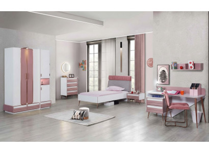 Komplett Jugendzëmmer Kannerzëmmer Set Dësch Bett Kleederschaf Kommode 5stéckeg