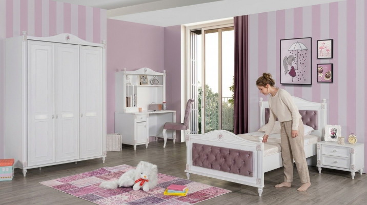 Jugendzëmmer Bett Nuetsdësch Kleederschaf Schreifdësch Schlofzëmmer 4-Stéck Set