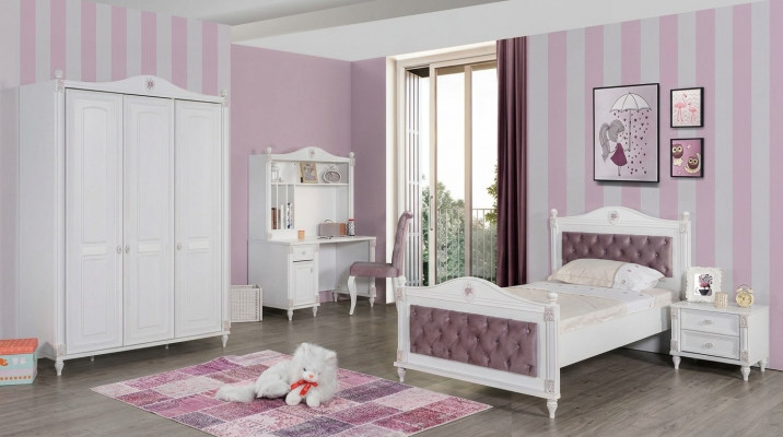 Jugendzëmmer Bett Nuetsdësch Kleederschaf Schreifdësch Schlofzëmmer 4-Stéck Set