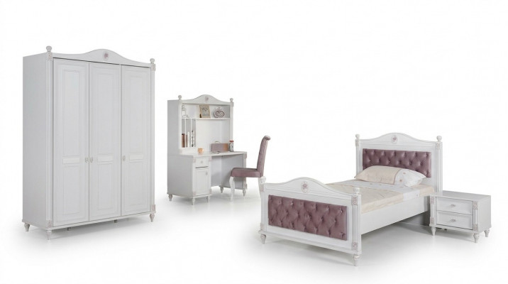 Jugendzëmmer Bett Nuetsdësch Kleederschaf Schreifdësch Schlofzëmmer 4-Stéck Set