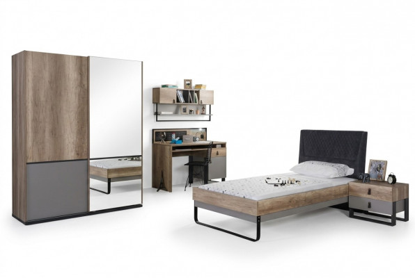 Komplett Jugendzëmmer Kannerzëmmer Set Dësch Bett Kleederschaf Nuetsdësch 4 Deeler