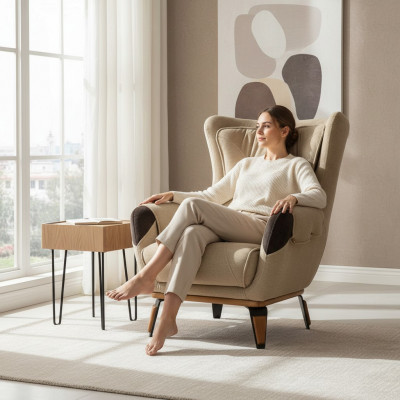 Klassesche Fernseh-Sëtz Sessell Wohnzimmer Polstergestall Einsëtz Stoff Beige