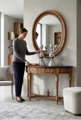 Holz Italienesch Miwwelen 2tlg Set Miwwelen Stil Barock Konsolendësch mat Spigel Neien