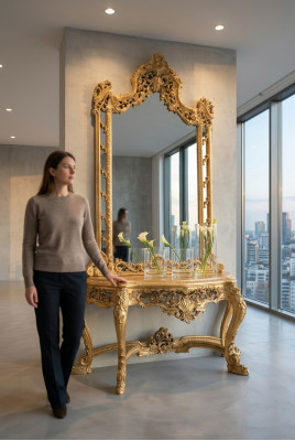 Luxuriéis geschnëtzter Konsolentisch a Spigel an eleganter Ëmrahmung