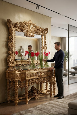 Konsole Sideboard Dësch Kommod Echt Holz Schnitzerei Spigel Antik Stil Italien