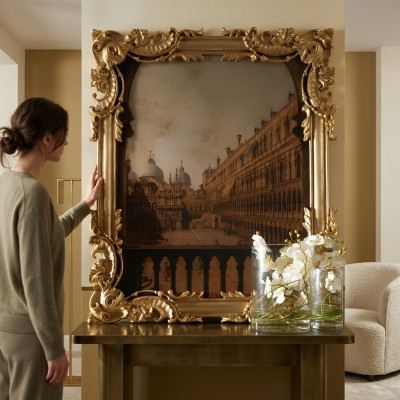 Spigel mat geschnëtztem Kader Gold Barock Rokoko Italienesche Wandspeegele Nei