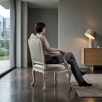 Iesszëmmer Still Luxus Fauteuil Still Holz Sëlwer Troun Barock Wunnzëmmer Miwwelen