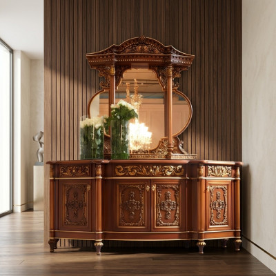 Kommode Anrichte Spigel Set Eechte Holz Italienesch Miwwelen Antik Stil Kommoden