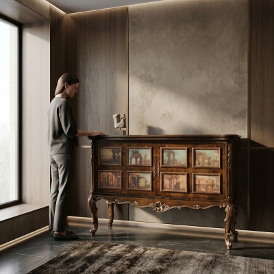 Prachtvolle Buffetschaf mat Biller vu architektonesche Gebaier op de Fassaden.