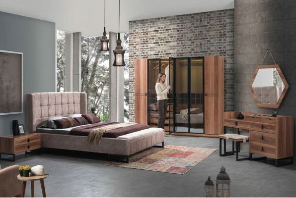 Schlofzëmmer Set 5tlg. Luxus Bett 2x Nuetsdësch Kommode Kleederschaf Holz Nei