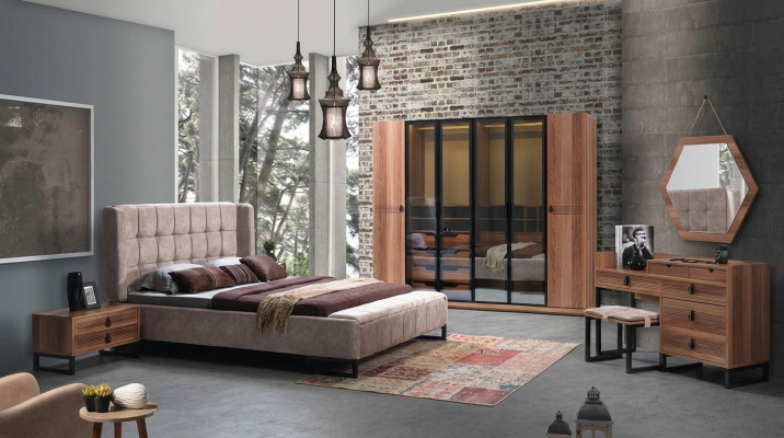 Schlofzëmmer Set 5tlg. Luxus Bett 2x Nuetsdësch Kommode Kleederschaf Holz Nei