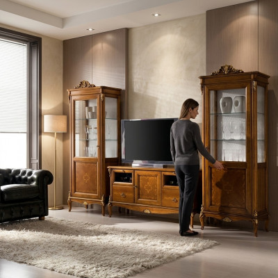 Wunnzëmmer 2x Vitrinn Wunnzëmmer Schief Design Fernseher Modern Vitrinn Set 3 Stéck
