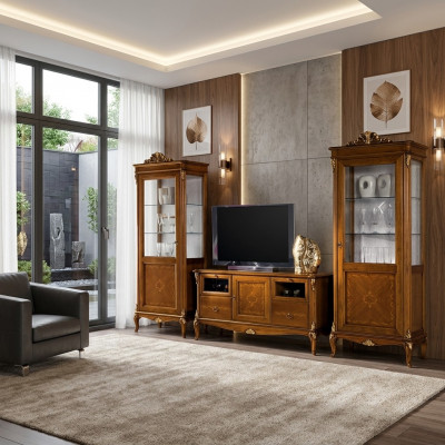 Wunnzëmmer 2x Vitrinn Wunnzëmmer Schief Design Fernseher Modern Vitrinn Set 3 Stéck