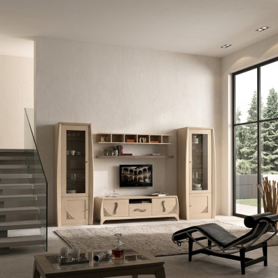 Wunnwand Set Vitrin TV Kommode Wandregaler Kommoden Schaf Holz Miwwel 5 Stéck.