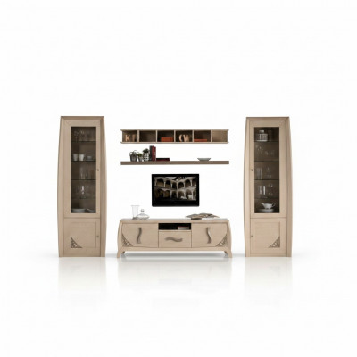 Wunnwand Set Vitrin TV Kommode Wandregaler Kommoden Schaf Holz Miwwel 5 Stéck.