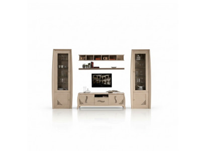 Wunnwand Set Vitrin TV Kommode Wandregaler Kommoden Schaf Holz Miwwel 5 Stéck.
