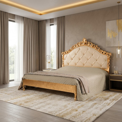 Neit luxuriéist Chesterfield-Doppelbett mat geschnëtzten Kopfdeel.