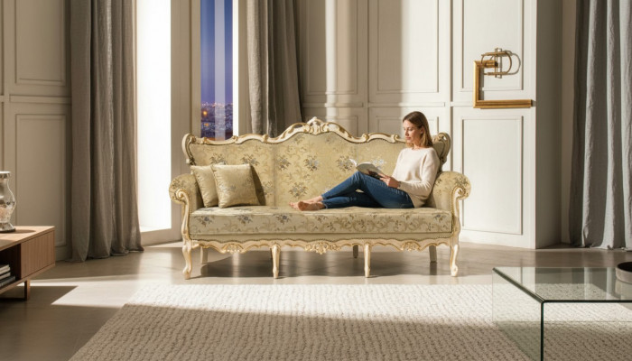 Sofa 3-Sëtz Couch Holzmiwwelen Drësëtz Couch Sofas italienesche Stil 200cm