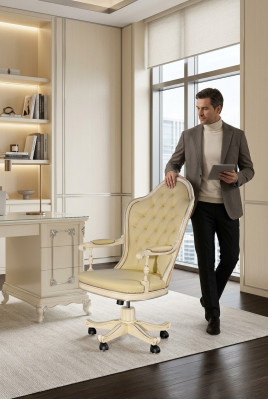 Bürosstull Holz Chefsessel Chesterfield Italienesch Miwwelen wäiss dréibar wäiss nei
