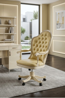 Bürosstull Holz Chefsessel Chesterfield Italienesch Miwwelen wäiss dréibar wäiss nei