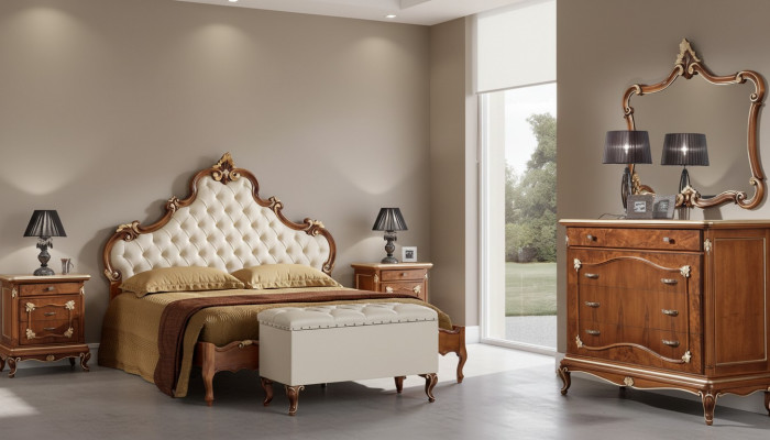 Schlofkummer Komplett Set Bett 2x Nuetsdësch Kommode Spigel Fauteuil 6tlg Italien