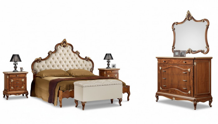 Schlofkummer Komplett Set Bett 2x Nuetsdësch Kommode Spigel Fauteuil 6tlg Italien