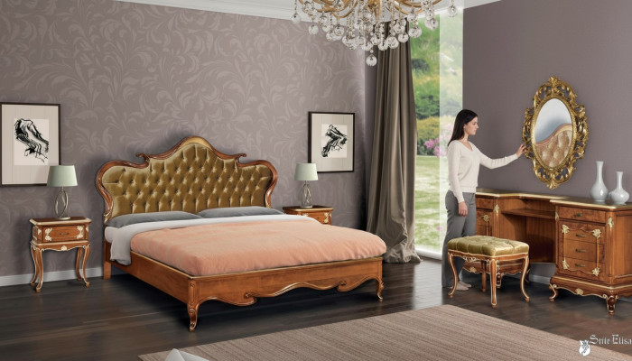 Schlofzëmmer Bett Nuetsdësch Buedemolldësch Hocker Polsterbett Duebelbett Set 5-Teileg