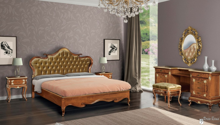 Schlofzëmmer Bett Nuetsdësch Buedemolldësch Hocker Polsterbett Duebelbett Set 5-Teileg