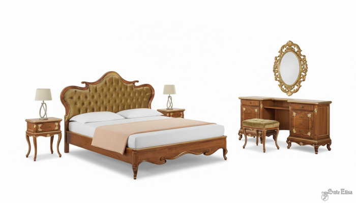 Schlofzëmmer Bett Nuetsdësch Buedemolldësch Hocker Polsterbett Duebelbett Set 5-Teileg