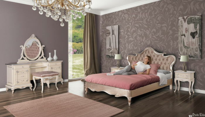 Luxus Schlofzëmmer Set Bett Nuetsdëscher Hocker Make-up Dësch Spigel Komplett Nei