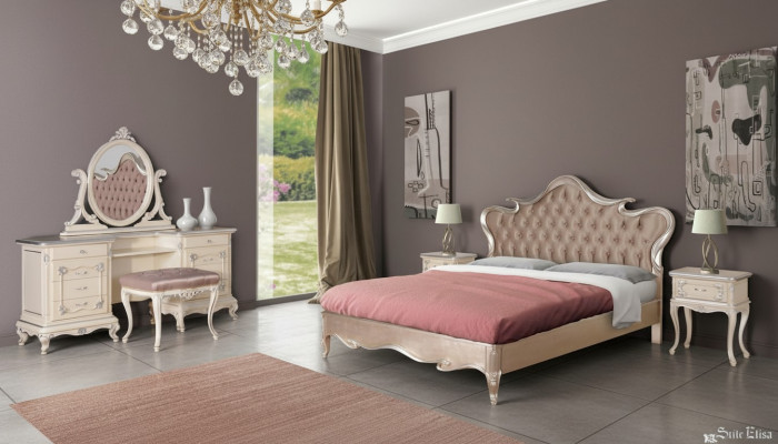 Luxus Schlofzëmmer Set Bett Nuetsdëscher Hocker Make-up Dësch Spigel Komplett Nei