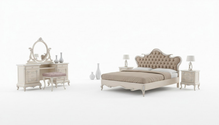 Luxus Schlofzëmmer Set Bett Nuetsdëscher Hocker Make-up Dësch Spigel Komplett Nei