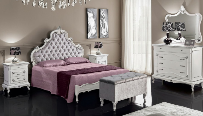 Klassesch Miwwelen 6tlg Schlofzëmmer-Set Bett 2x Nuetsdëscher Hocker Kommode Spigel