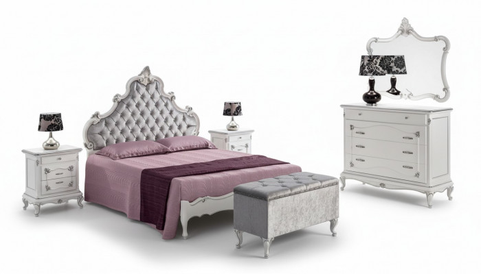 Klassesch Miwwelen 6tlg Schlofzëmmer-Set Bett 2x Nuetsdëscher Hocker Kommode Spigel