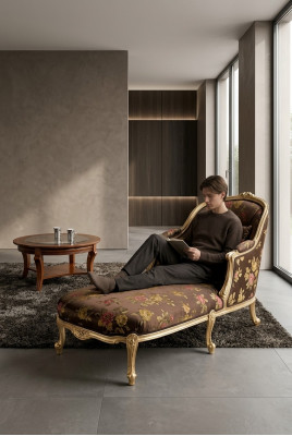 Klassesch Chaiselongue + Couchtisch Gold Blummen Leet Italienesch Miwwelen Dësch
