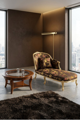 Klassesch Chaiselongue + Couchtisch Gold Blummen Leet Italienesch Miwwelen Dësch