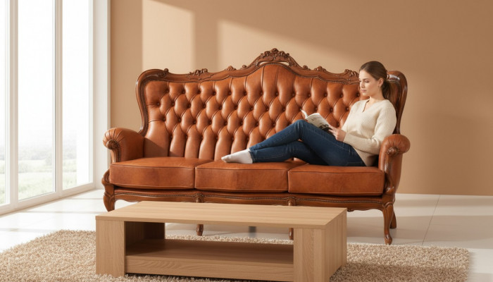 Luxus 3-Sëtzer-Sofa 3-Sëtzer-Sofa aus brongem Lieder Art déco Stil Miwwel Lieder