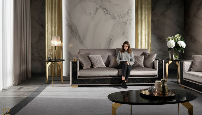 Luxus Sofa 3 Sëtzer Modernen Design Polster Textil Sofae Sëtz Italienesch Miwwelen