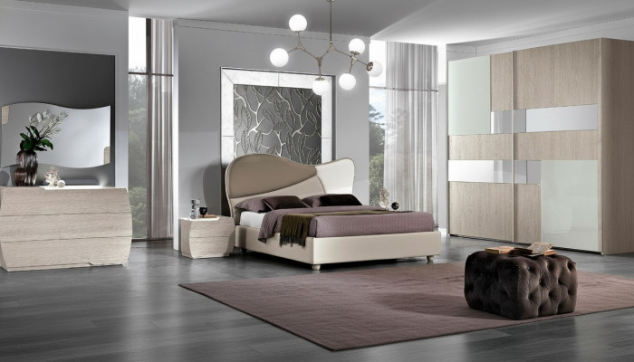 Set 6-Stéck Schlofkummer Bett Nuetsdësch Kommode Spigel Schaf Garnitur