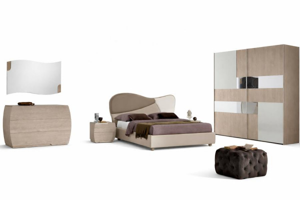 Set 6-Stéck Schlofkummer Bett Nuetsdësch Kommode Spigel Schaf Garnitur