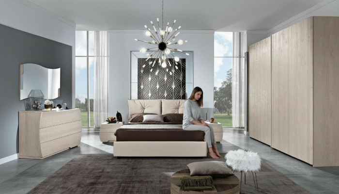 Luxus Set 6-tlg. Schlofzëmmer Bett Nuetsdësch Kommode Spigel Kleederschaf Nei