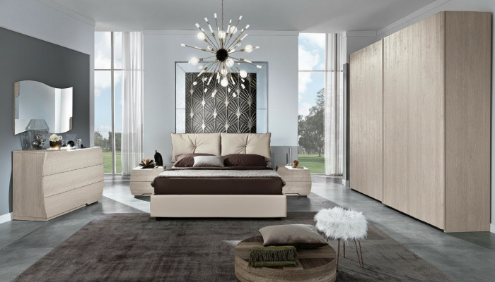 Luxus Set 6-tlg. Schlofzëmmer Bett Nuetsdësch Kommode Spigel Kleederschaf Nei