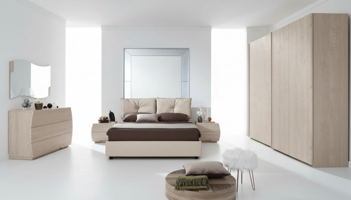 Luxus Set 6-tlg. Schlofzëmmer Bett Nuetsdësch Kommode Spigel Kleederschaf Nei