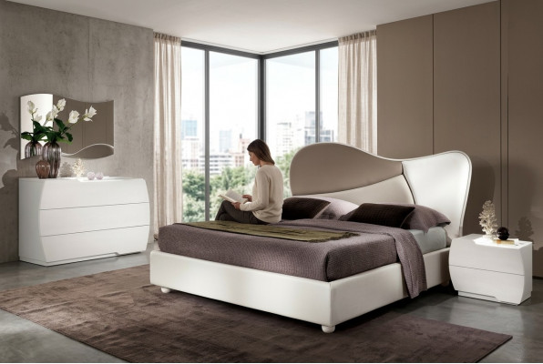 Schlofkummer Bett Nuetsdësch Kommoud Spigel Garnitur Wäiss Modern Luxus Set 5tlg