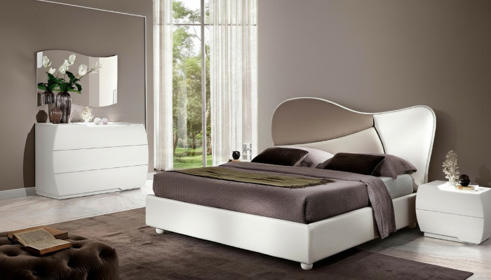 Schlofkummer Bett Nuetsdësch Kommoud Spigel Garnitur Wäiss Modern Luxus Set 5tlg